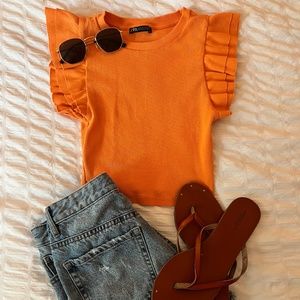 Zara Orange Cropped Summer Tank Top w/ Ruffle Shoulders